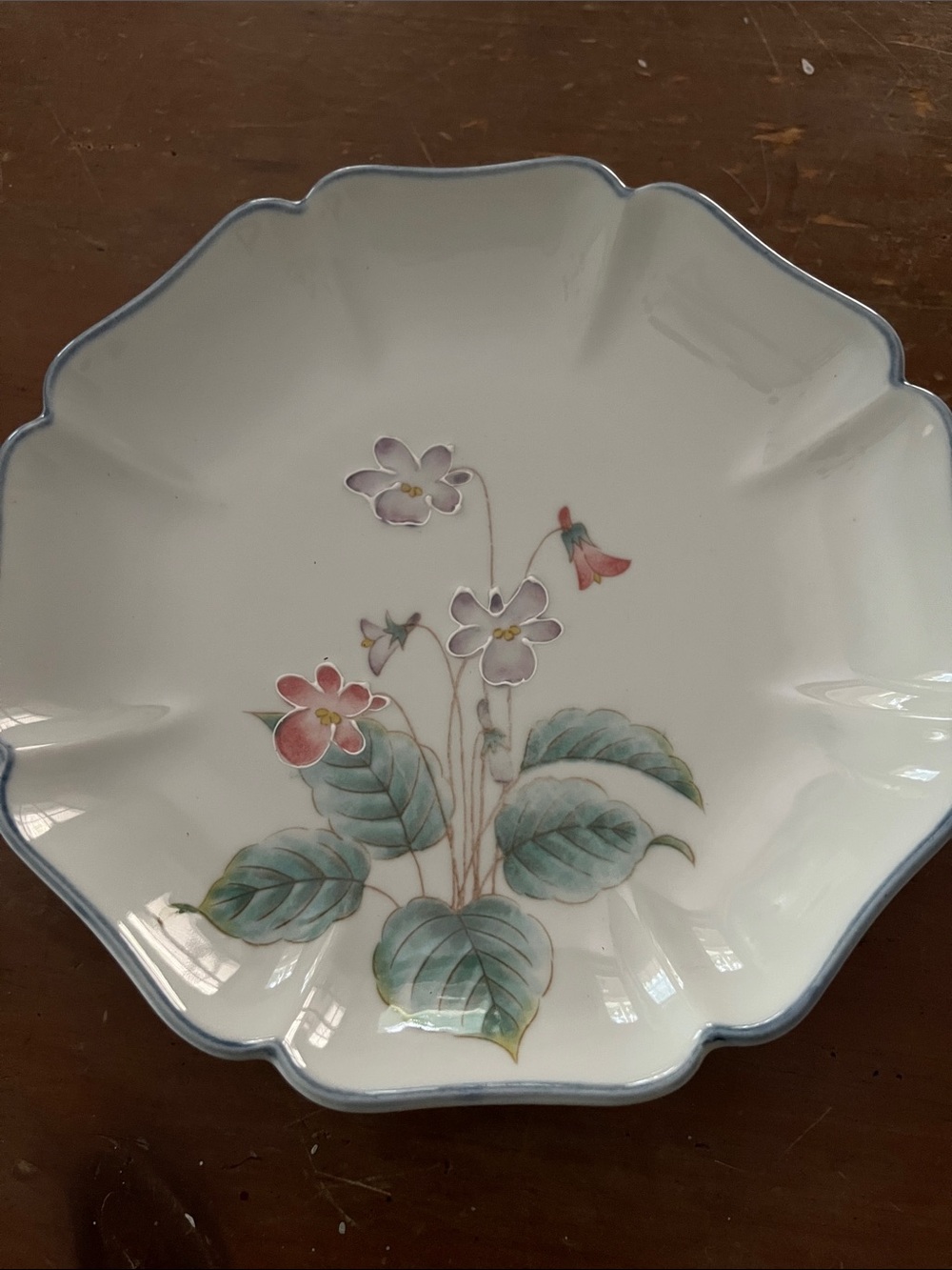 Scalloped Floral Porcelain Serving Bowl in White with Pastel Accents